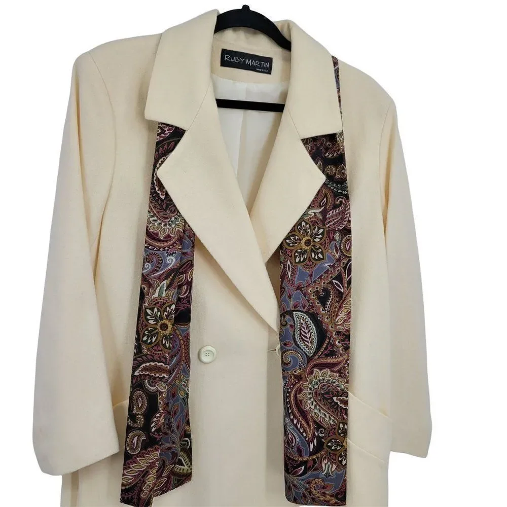 Vintage Wool Coat Long Double Breasted Trench Notched Lapel Vanilla Sz 12‎